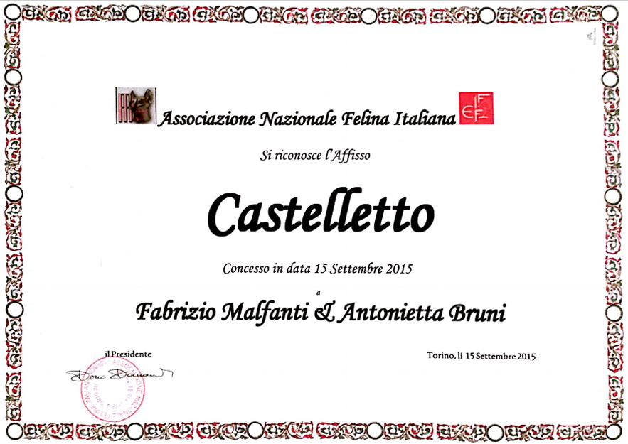 Certificato ANFI di riconoscimento dell'affisso Castelletto